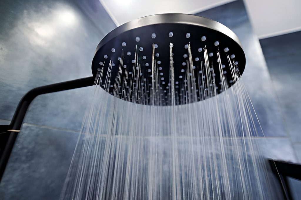 water running from a black shower head